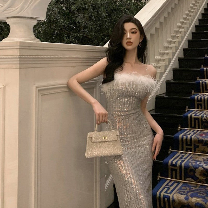 High-class Feather Stitching Sequin Bodycon Dress For Women's