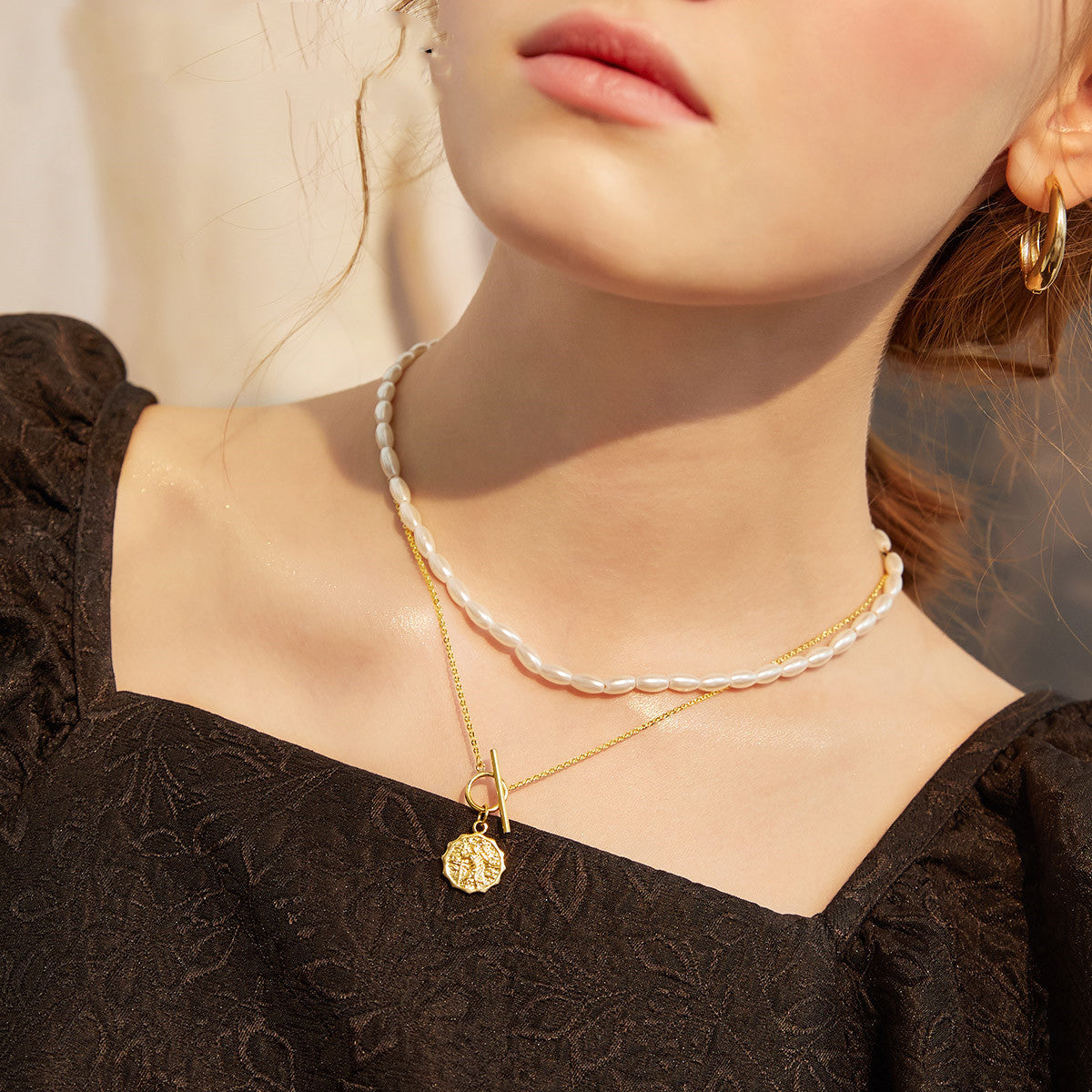 Layered Gold Coin & Pearl Necklace – Vintage Charm Meets Modern Grace Gold French Double Necklace