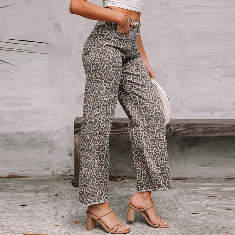 American Personalized High Waist Leopard Frayed Jeans