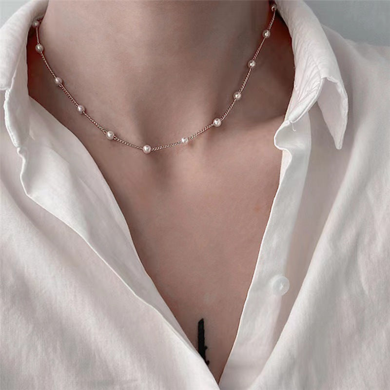 Dainty Gold Chain Pearl Station Choker Necklace | Minimalist Faux Pearl Design Creative Retro Elegant Necklace Women