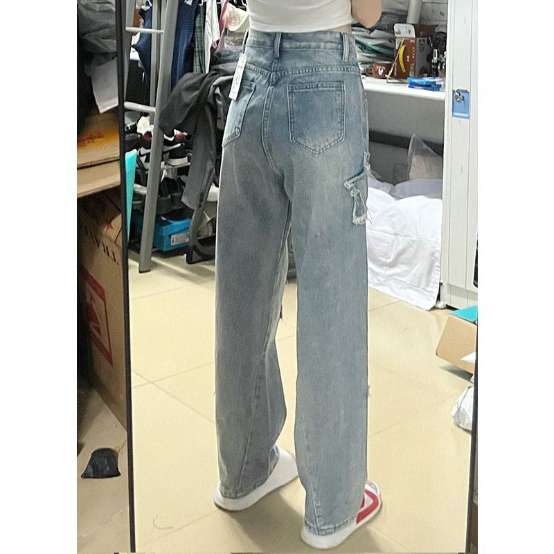 Distressed Star Patch Jeans – Urban Grunge Denim Statement Blue XINGX Embroidered Jeans Women Loose Straight-leg Wide-leg Pants