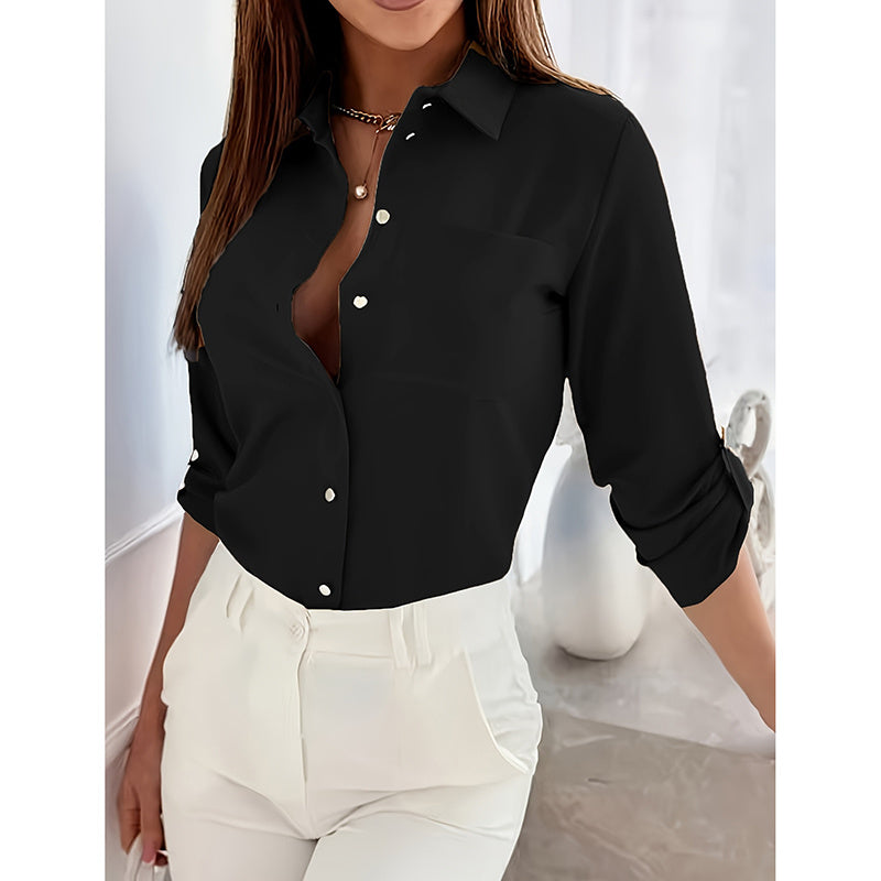 Button Down Shirts V Neck Rolled Up Long Sleeve Tops Elegant Dressy Blouses Business Casual Outfits