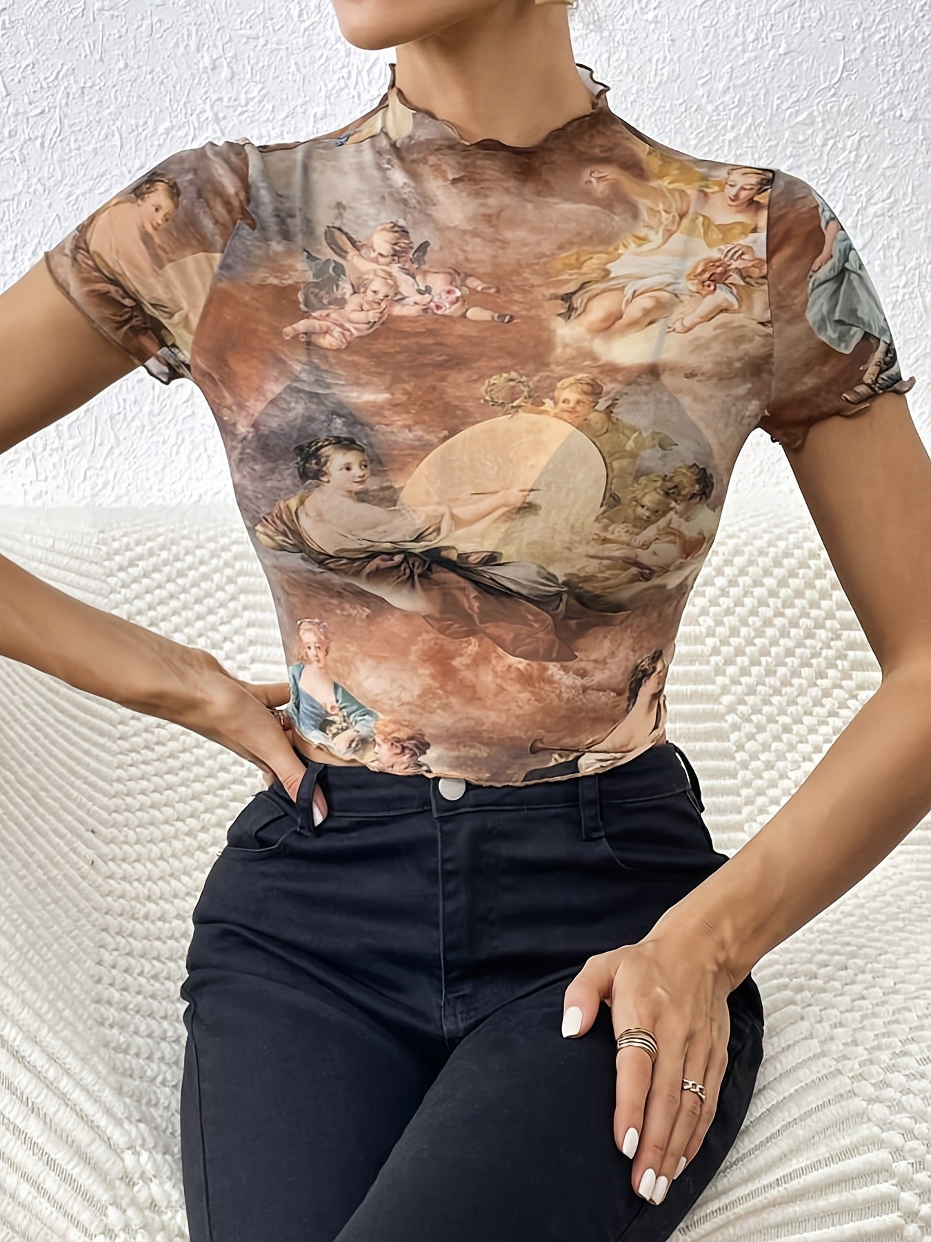 Elegant Mesh Floral Print Top Women's Clothing