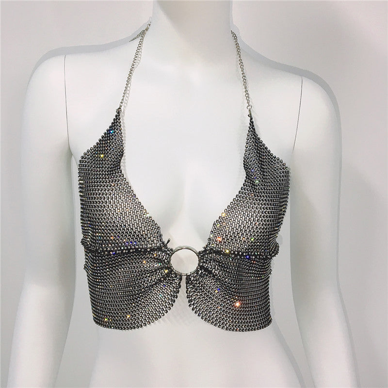 Rhinestone Chain Halter Top - Sparkly Party Crop Top Net Red Elastic Diamond Suspender Bra Women