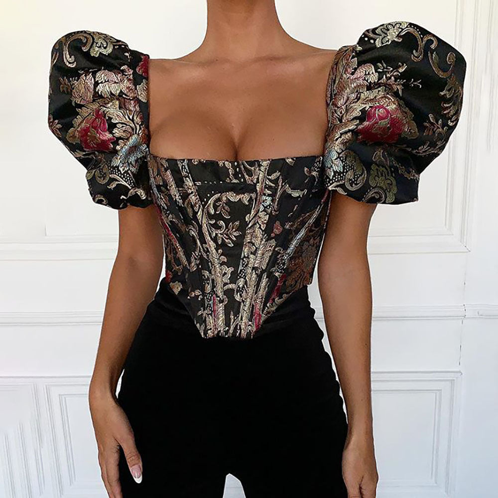 Baroque Floral Print Corset Top with Puff Sleeves Crop navel wrap bodice slim bodice