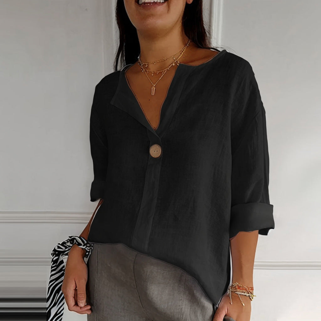 European And American Loose T-shirt Women's V-neck Cotton And Linen Button Top
