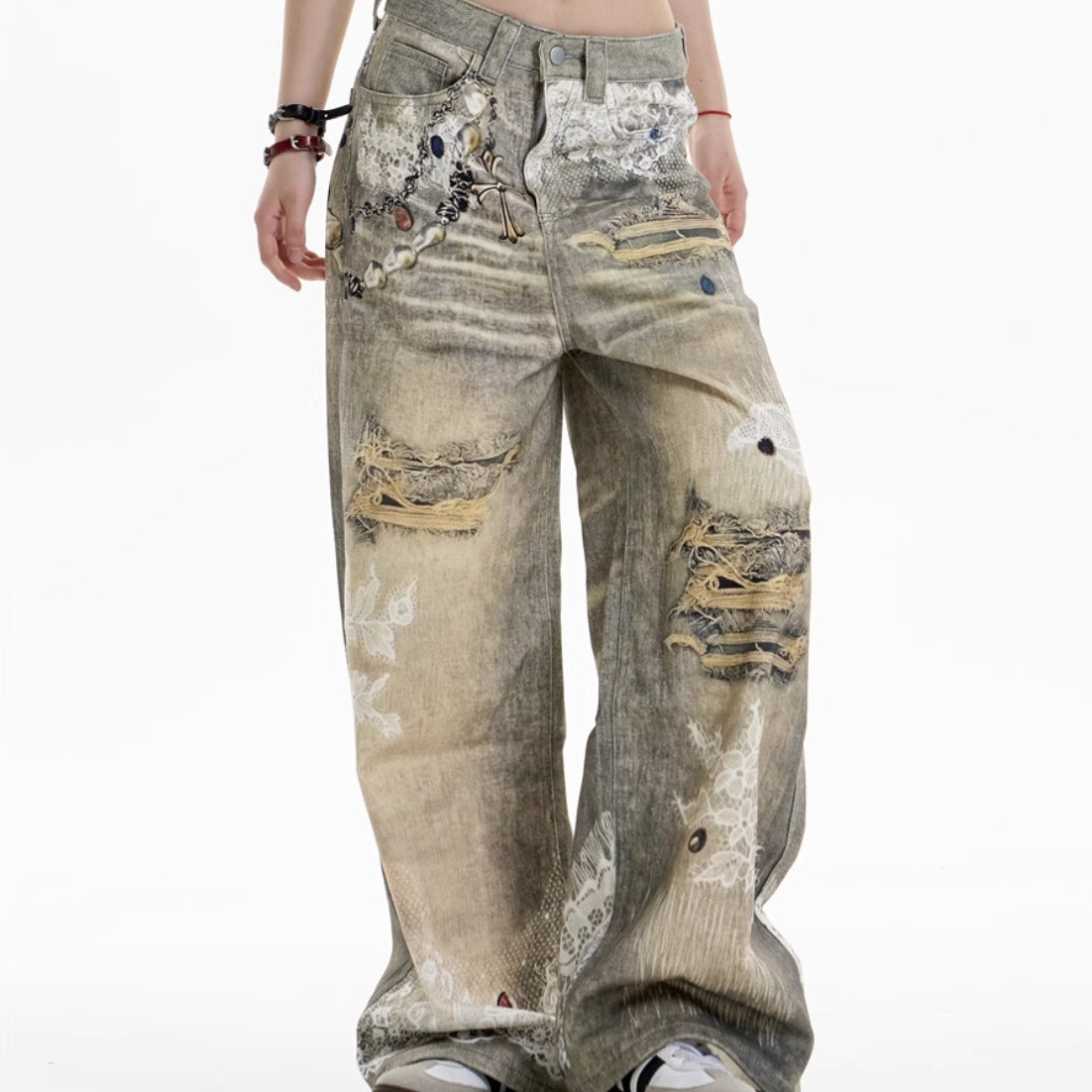 Cross Printed Jeans Women's Wide-leg Pants