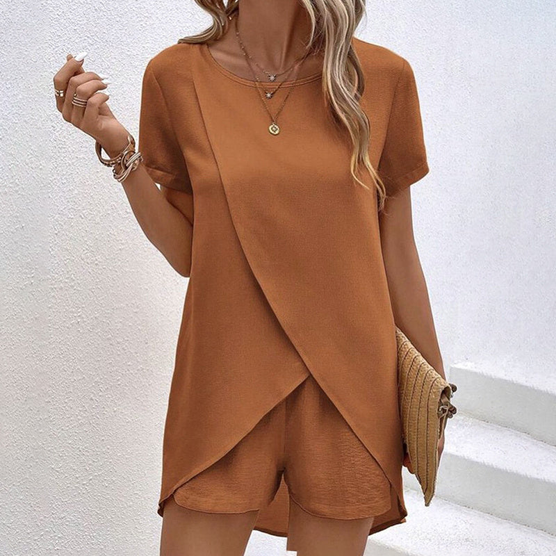 2-Piece Summer Lounge Set, Casual Short Sleeve Top And Shorts Matching Outfit
