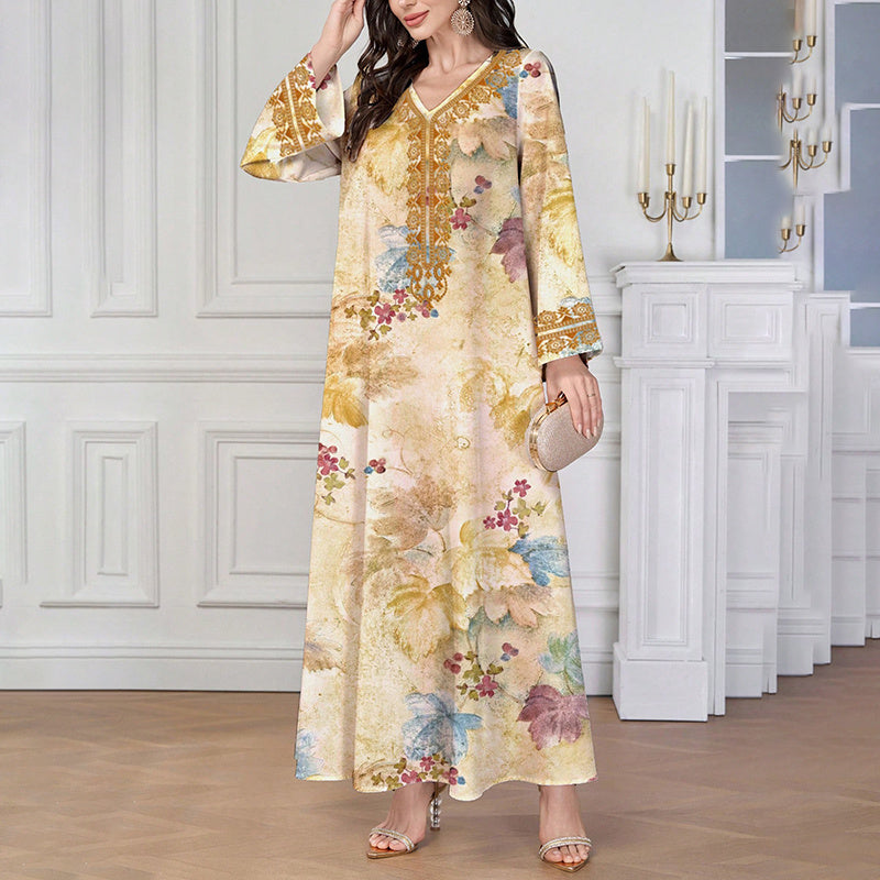 Chic Bohemian Floral V-Neck Maxi Dress, Elegant Golden Long Sleeve Loose Fit Casual Dress