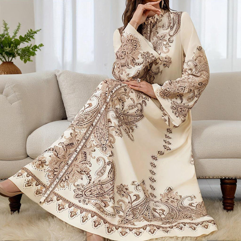 Vintage High-Neck Floral Maxi Dress Loose Long Sleeve, Adjustable Waist Belt, Middle Eastern Inspired Holiday Dress Ankle-Length Gown