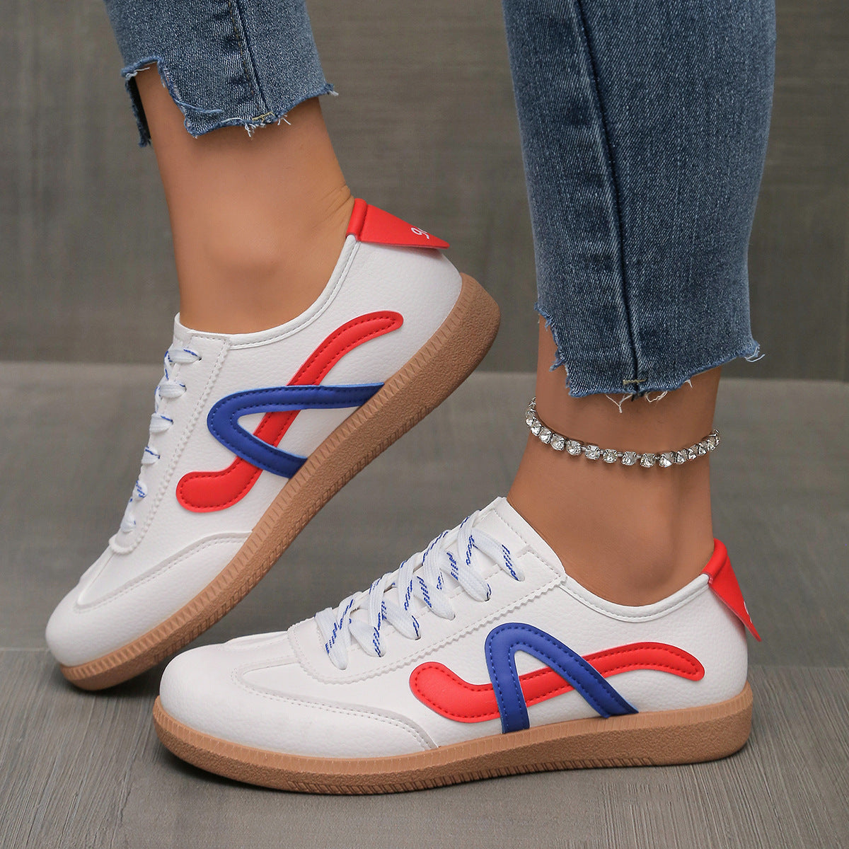 Chic White Sneakers with Colorful Accents German Training Women's Flat Retro Casual Sports Skate Shoes
