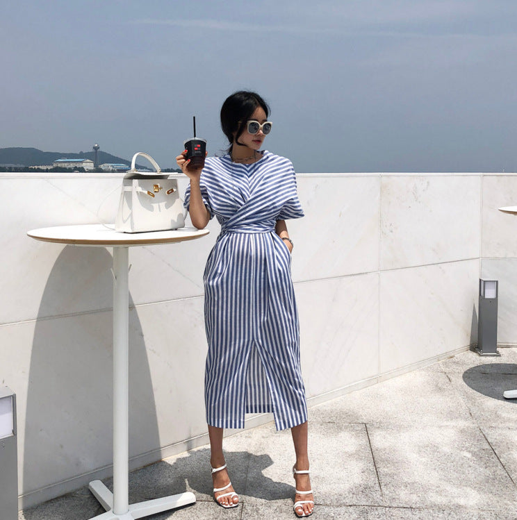 Striped cross-tie dress with front slit skirt for Women