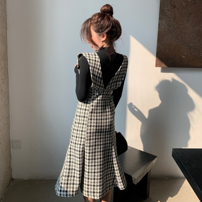Fashion Long Suspender Skirt with Check Pattern French Retro Plaid Dress