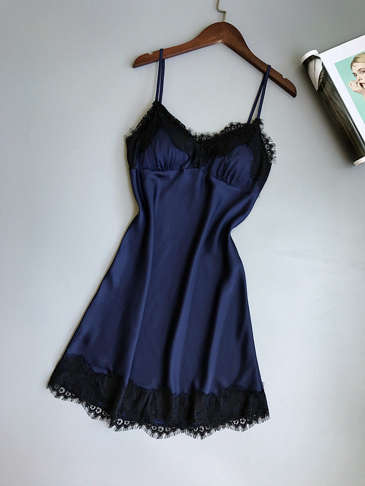 Sexy Satin & Lace Slip Dress Nightgown V-neck Lace Hem Strap Nightdress