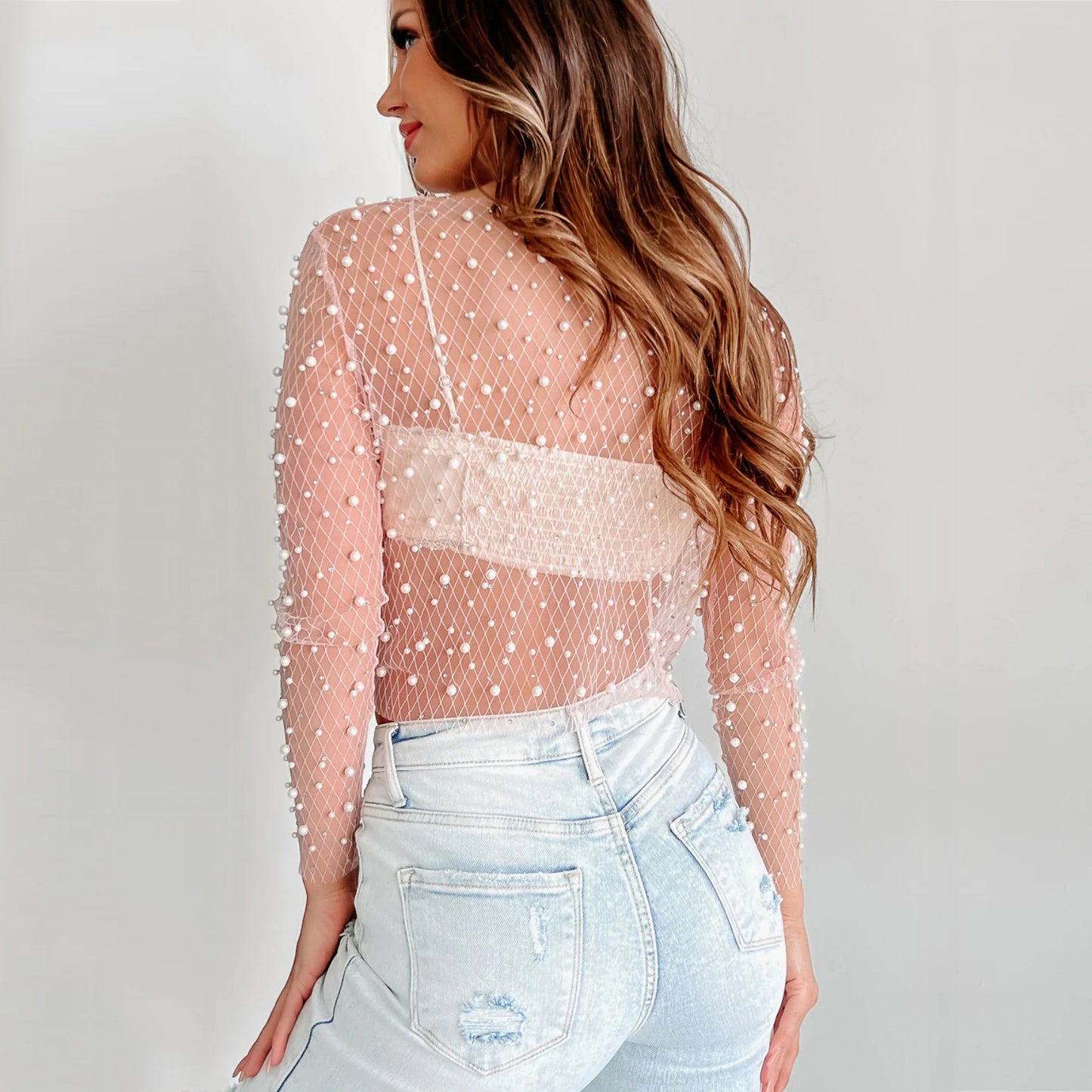 Fashion Bead Mesh Lace Shirt Mesh Long Sleeve Top Women's