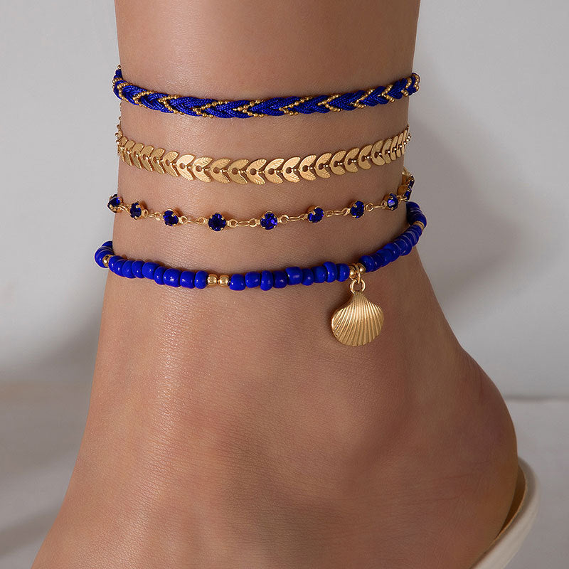 Boho Chic Layered Anklet Set - Multi-Strand & Shell Charm 4pcs Set Bohemian Woven Rope Foot Chain For Women Geometric Alloy Black Beads Dropping Oil Anklet Set Summer Fashion Jewelry