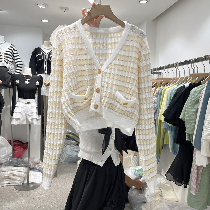 Korean Style V Neck Striped Knit Lazy Style Loose Crop Top