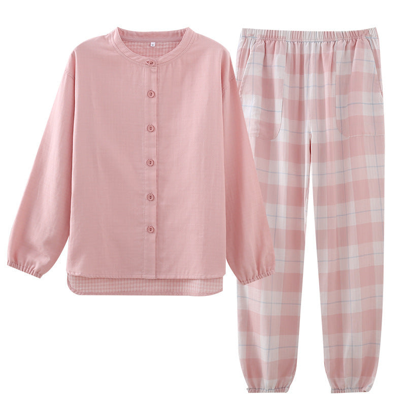 Classic Notch Collar Top & Checkered Bottoms PJs Color Woven Double Gauze Couple Cotton Pajamas Set Day Round Collar Long Sleeve Four Seasons Thin Men And Women Home