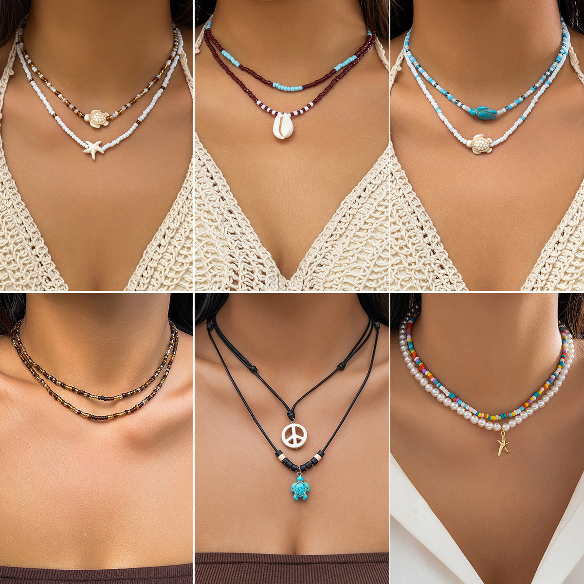 2-Layered Boho Beach Necklace – Starfish & Shell Charm Beaded Choker For Women's
