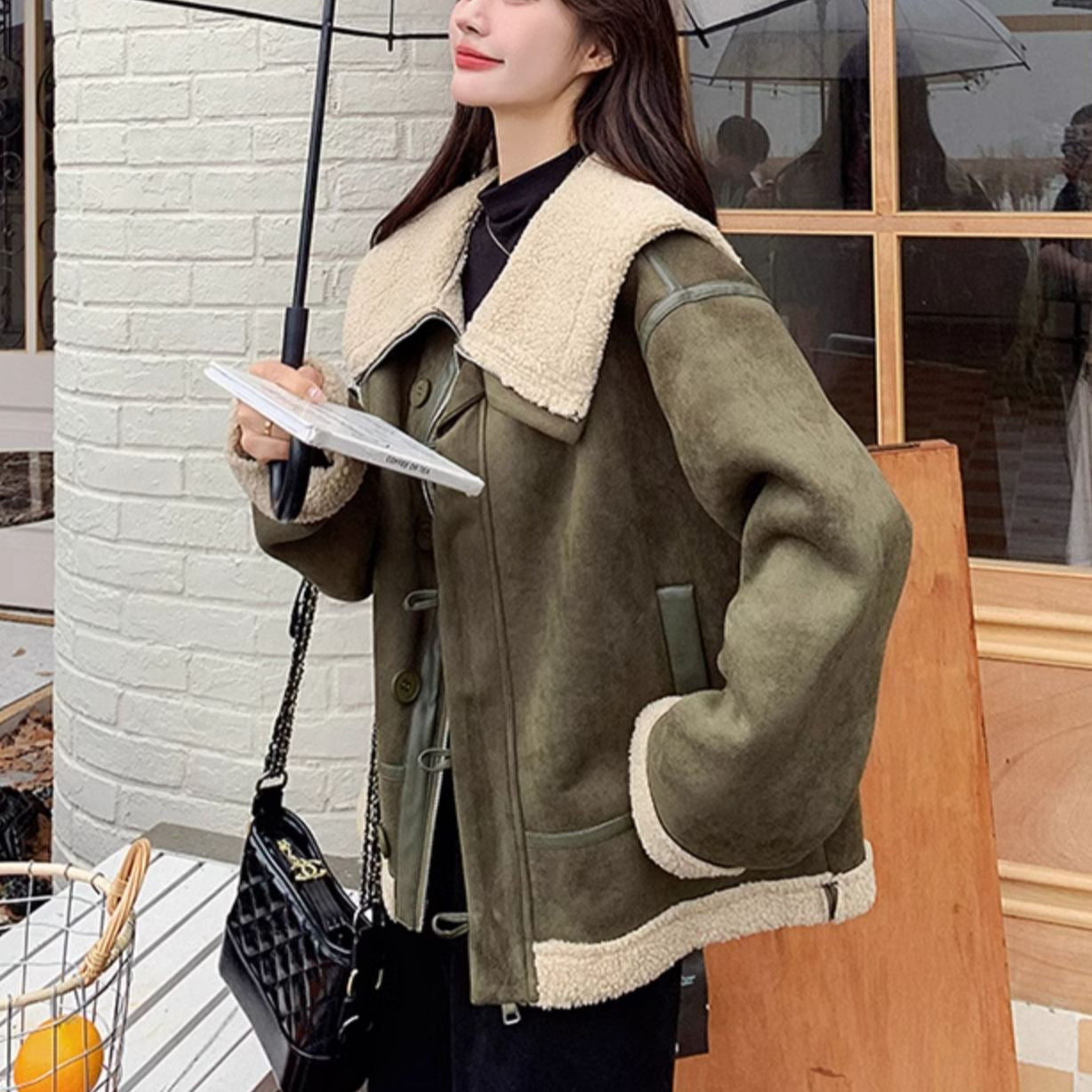 Korean-style Retro Green Suede Lambswool Coat Women's
