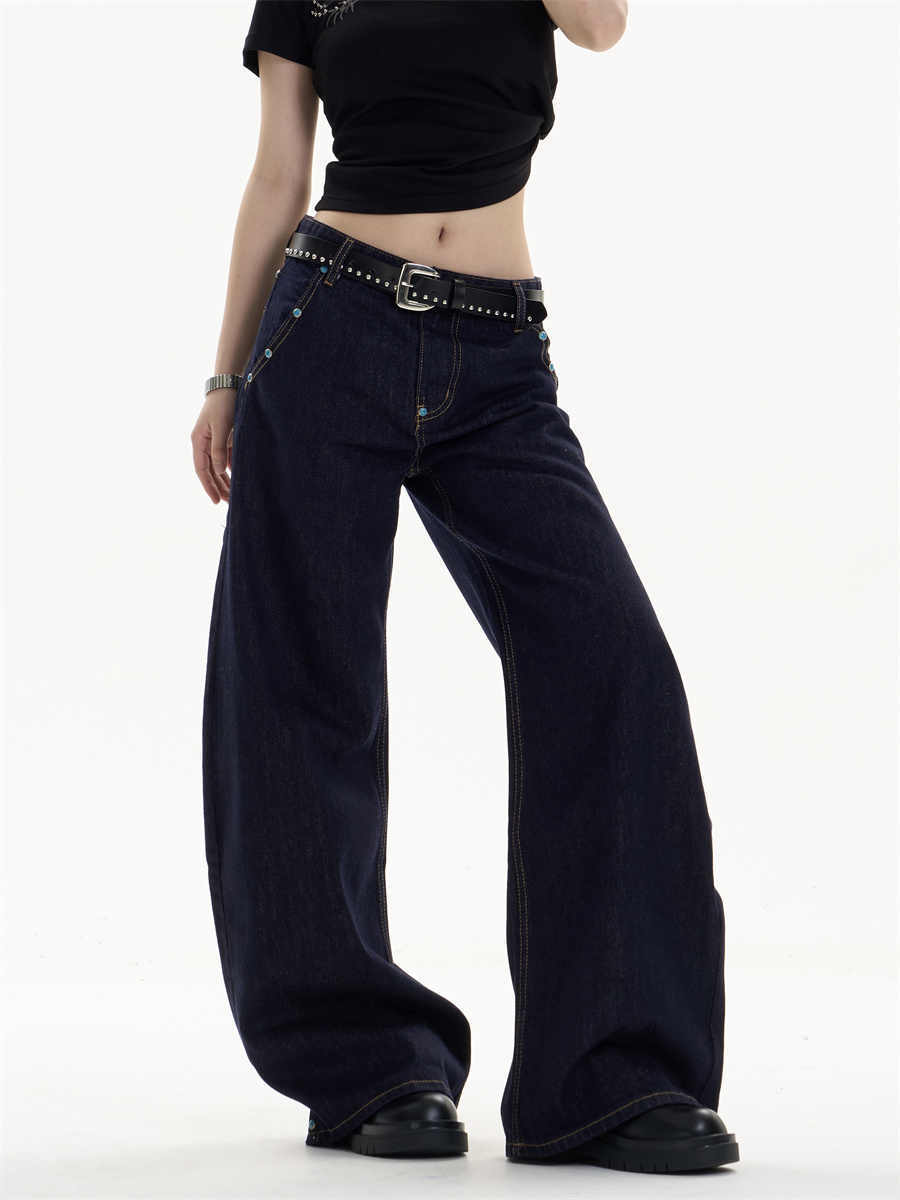 Retro Dark Blue Jeans Loose Straight Casual Wide-leg Pants