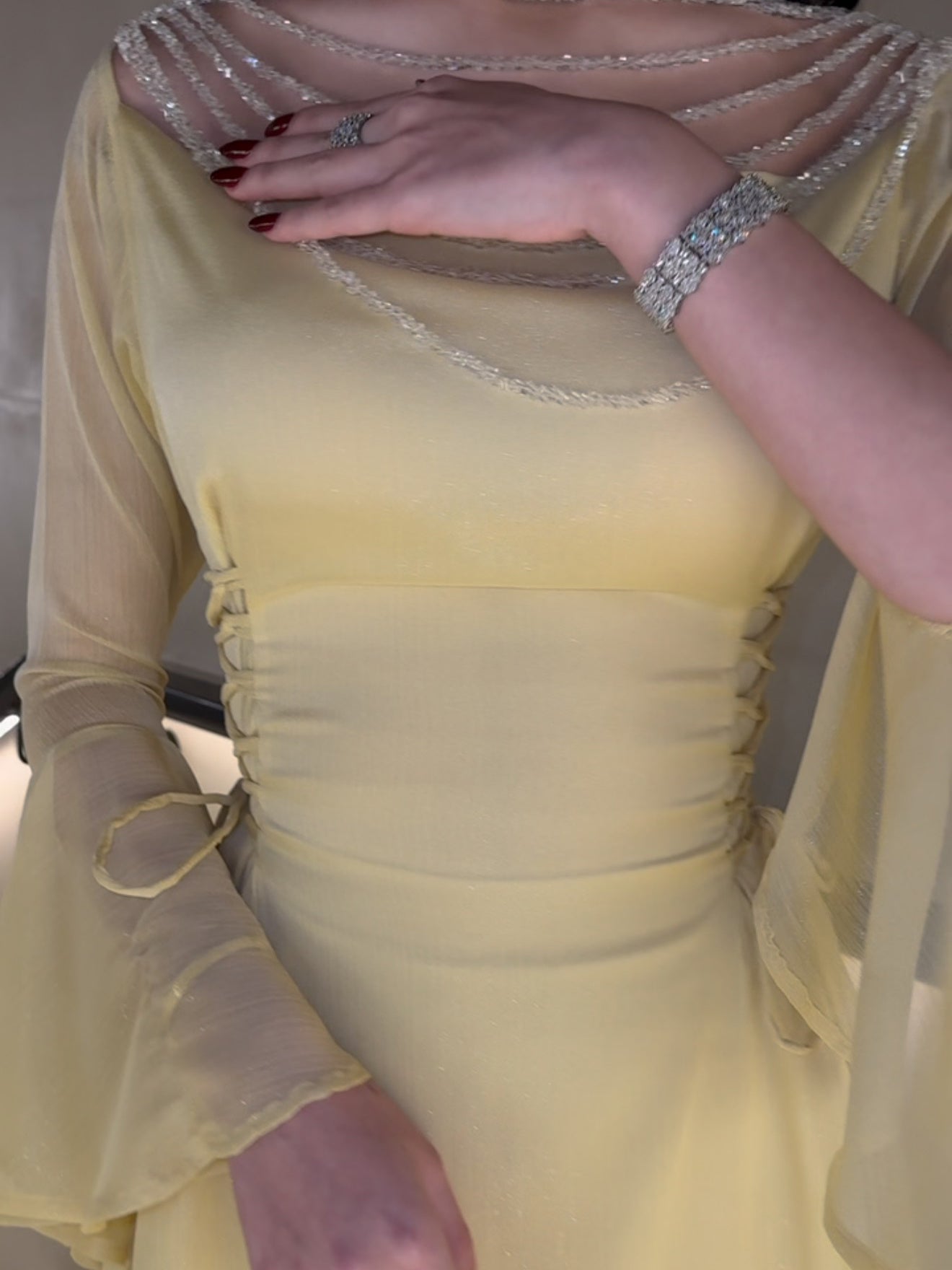 Elegant Yellow Pleated Belted Ruffled Sleeves Maxi Bodycon Dress