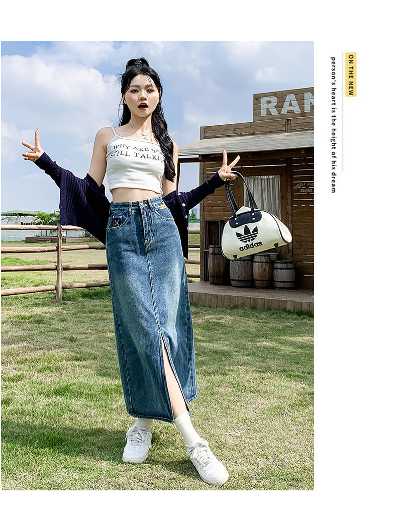 Front Slit High Waist Denim Skirt For Women