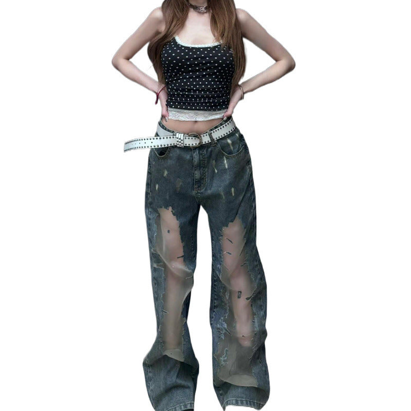 Y2K Grunge Distressed Mesh Jeans – See-Through Panel Streetwear Denim Retro Washed Ripped Jeans For Women Summer Hollow Out