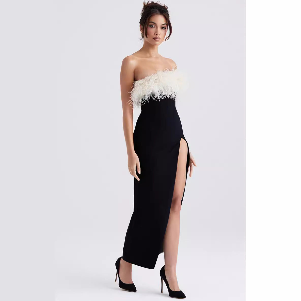 American Off-shoulder Contrast Color Ostrich Hair Tube Top High Slit Bandage One-piece Dress
