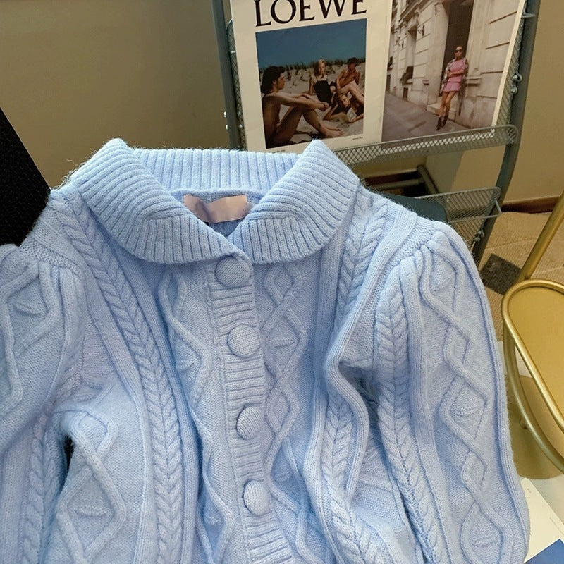 Cozy Cable Knit Cardigan - Light Blue Loose Korean Lazy Wind Gentle Knit Top