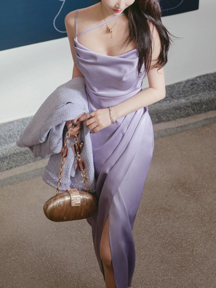 Sophisticated Silky Ruched Side Split Midi Gown Premium Satin Silky Sexy Slit Dress
