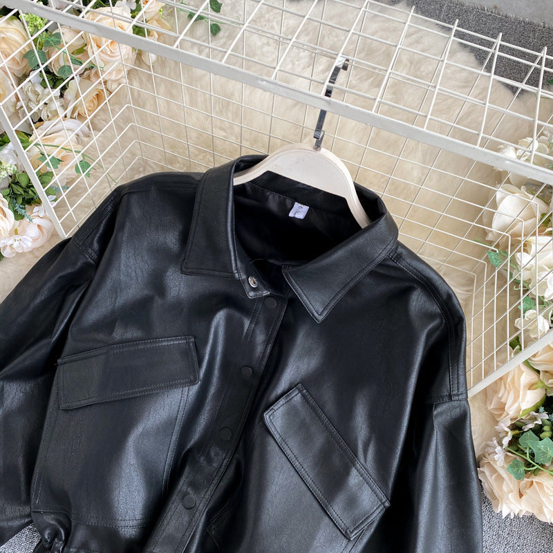 Korean Retro Bf Style Loose Black Leather Jacket For Women's