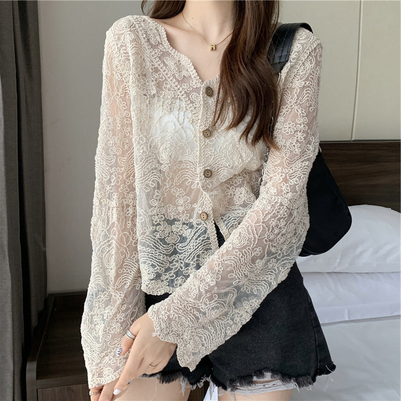 Whisper Lace Sheer Cardigan – Romantic Meets Modern Summer New Korean Loose Top Trend