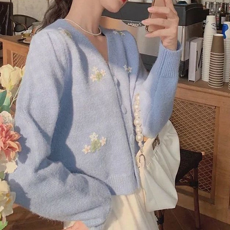Korean Style Cropped Embroidered Knit Top - Casual & Elegant Long Sleeve Top Korean Short Thin Sweater Jacket