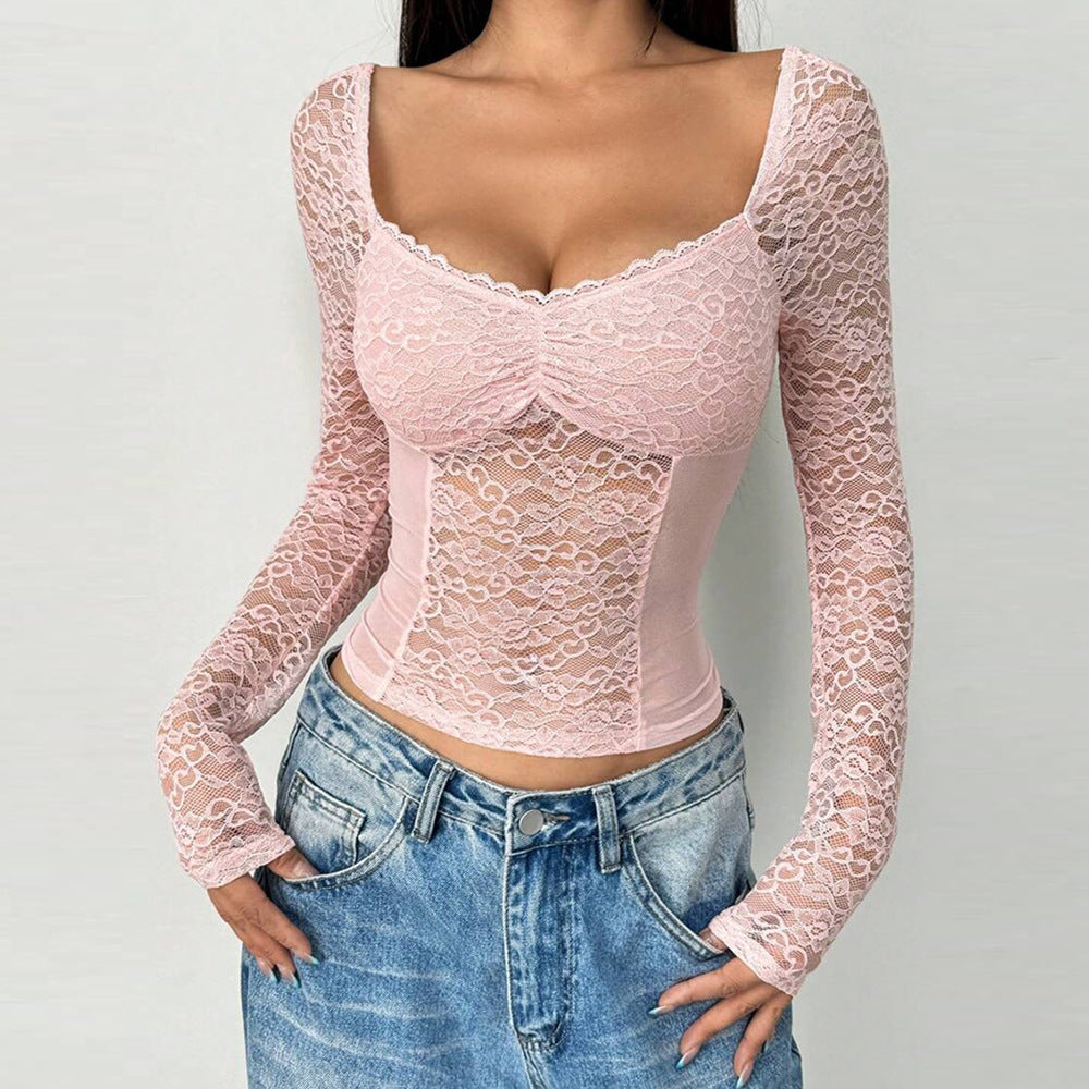European And American Women's V-neck Long Sleeves Cropped Lace Short Top