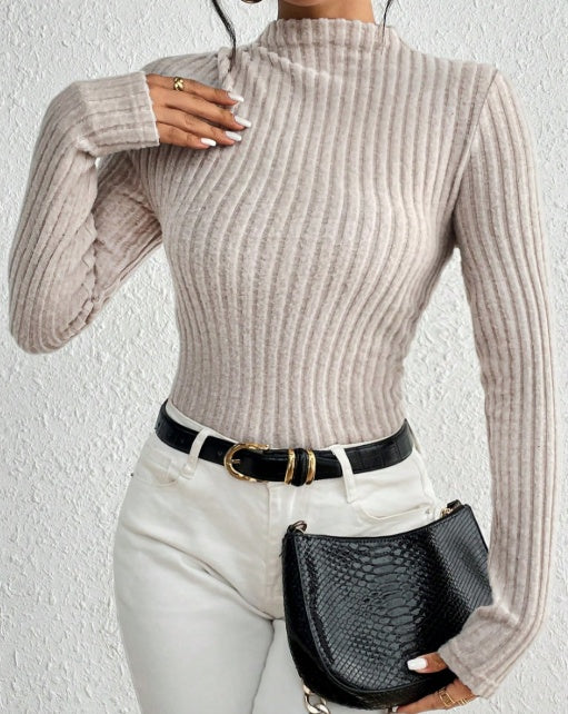 Ribbed Mock Neck Knit Jumpsuit Long Sleeve Slim Casual Jumpsuit, High Neck Ribbed Knit Long Sleeve Women's Bodysuit For Spring And Autumn, Versatile Casual Jumpsuit.