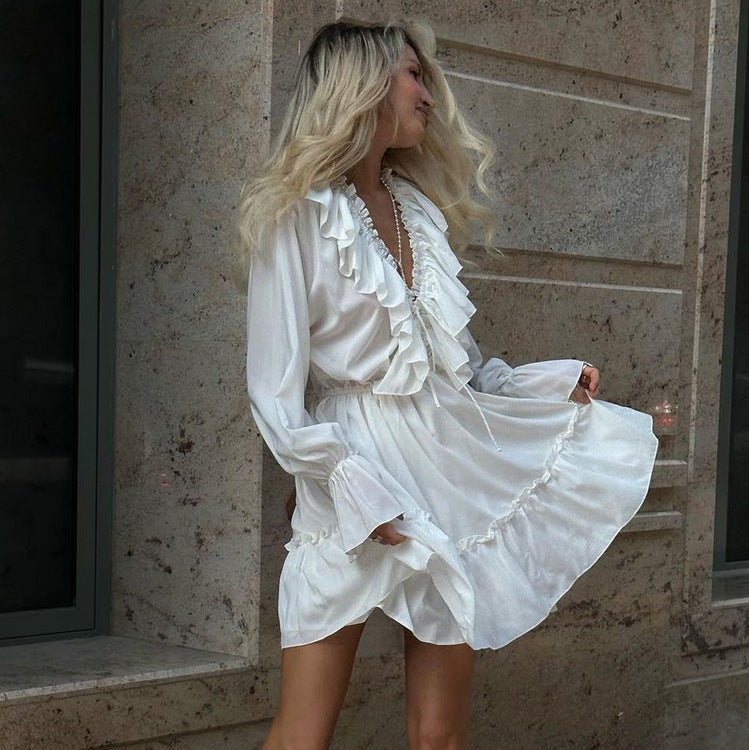Chic Ruffle Mini Dress | V-Neck with Billowy Long Sleeves (White, Pink, Black, Blue) Fashion V Neck Pleated Ruffle Long Sleeve Dress Y2K V Neck Flared Sleeve Short Dress Women's Clothing