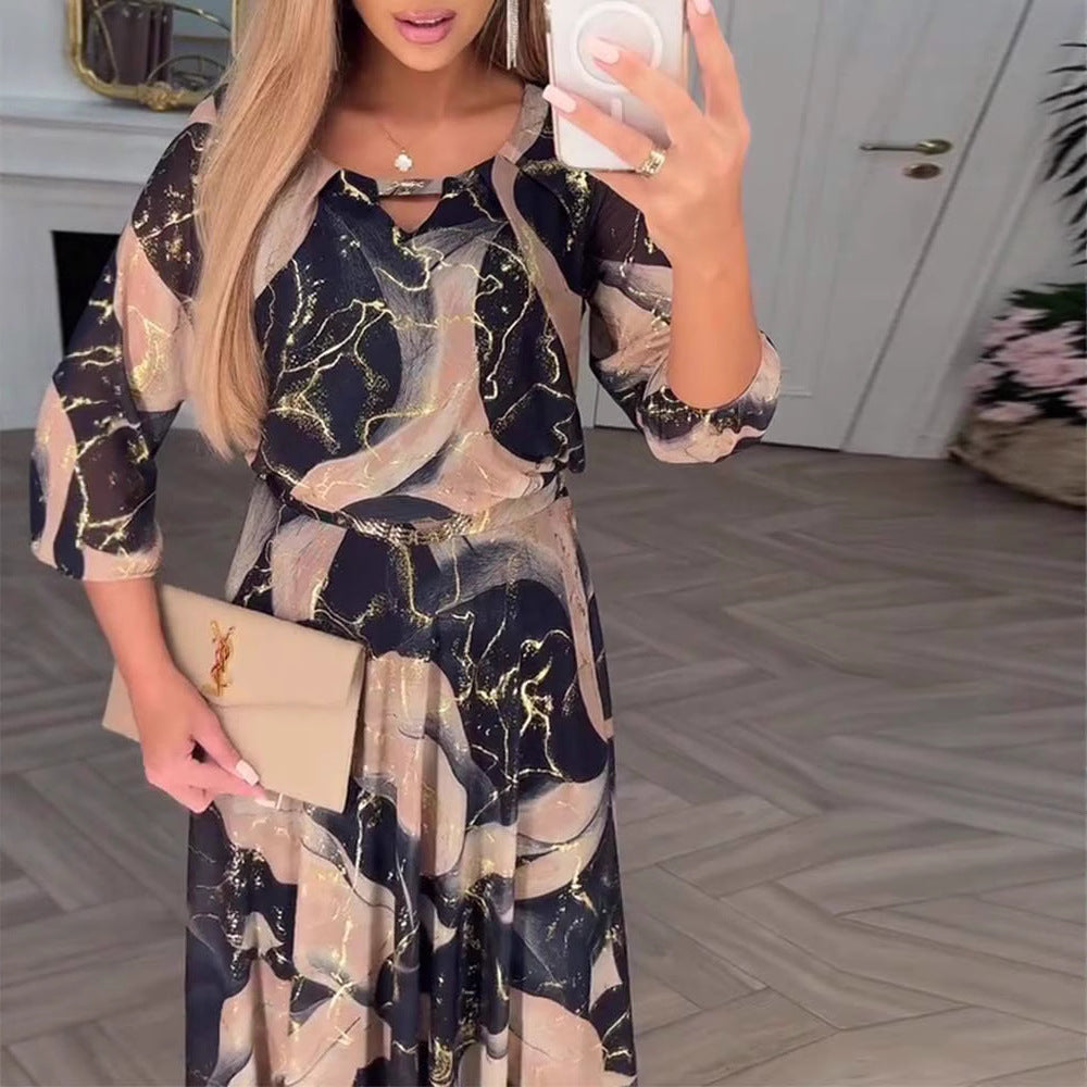 Temperament Elegant Cropped Sleeves Printed Waist-controlled Dress