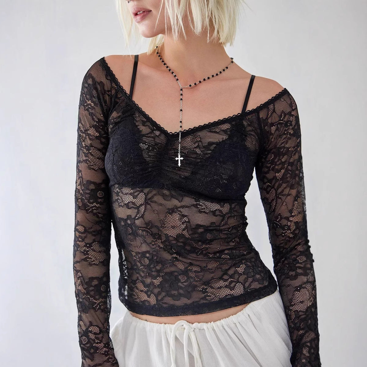 Retro Top Lace See-through V-neck