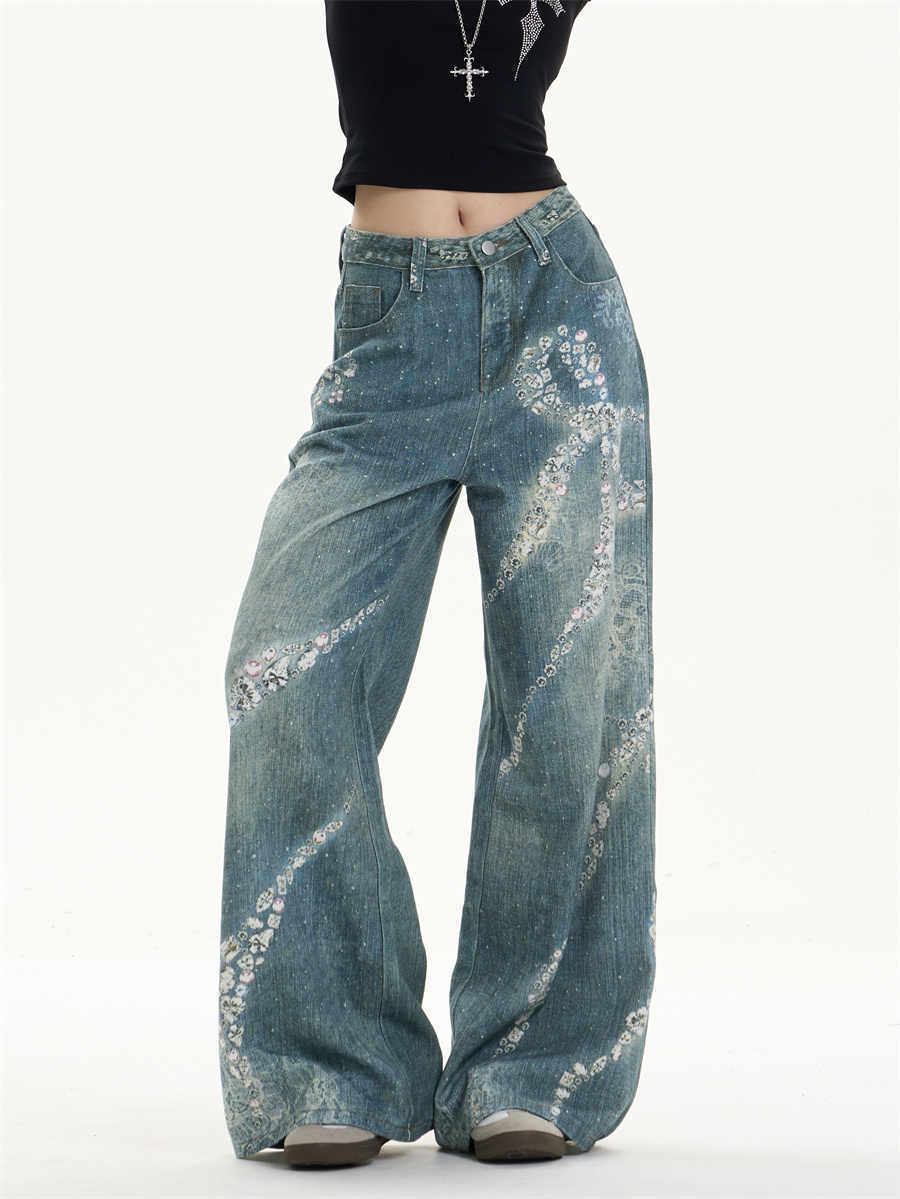 Retro Bowknot Printed Jeans Loose Wide-leg Pants