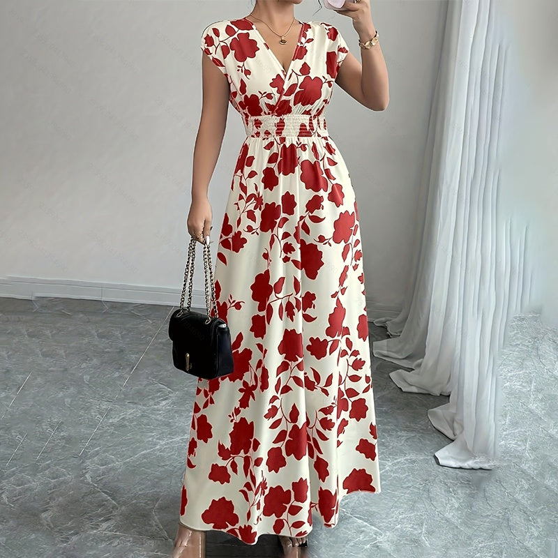 Wrap V Neck Short Sleeve Empire Elastic Waist Summer Casual Elegant Maxi Long Dresses