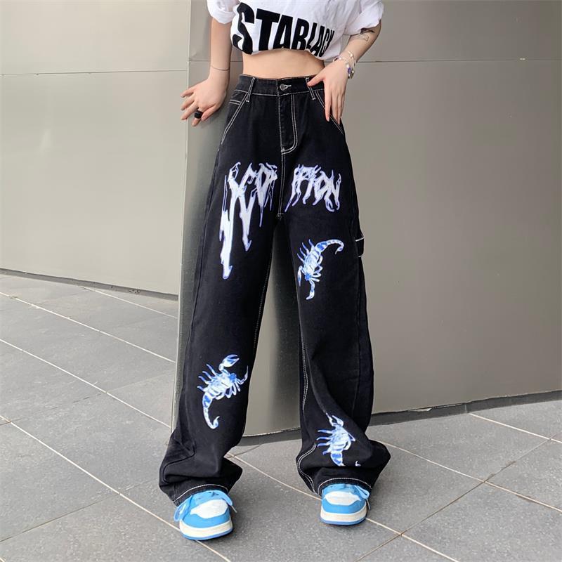 Scorpion Flame Graphic Jeans – Black Baggy Streetwear Pants Street Print High Waist Jeans For Men And Women