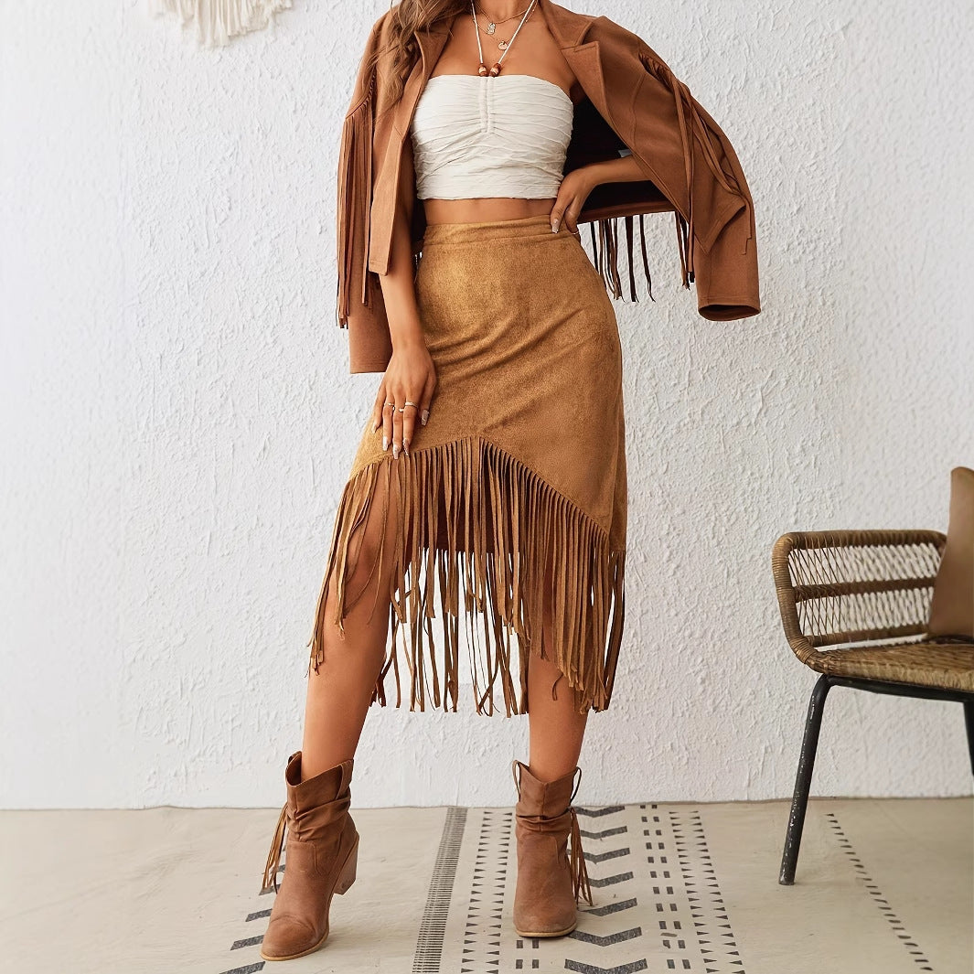 Western Style Imitation Suede Fringe High Waisted A-line Skirt For Women's