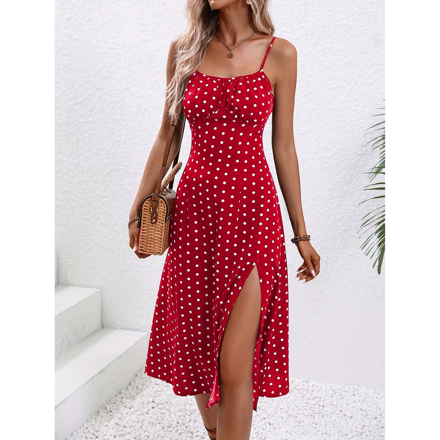 Floral Print / Polka Dot Spaghetti Strap Midi Dress with Slit Polka Dot Print Suspender Dress Summer Sexy Split Long Dresses For Women's Clothing