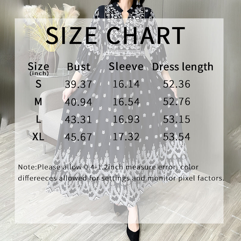 Bohemian Embroidery V-neck Dress, Elegant 3 4 Sleeve A-line Swing Maxi Dress
