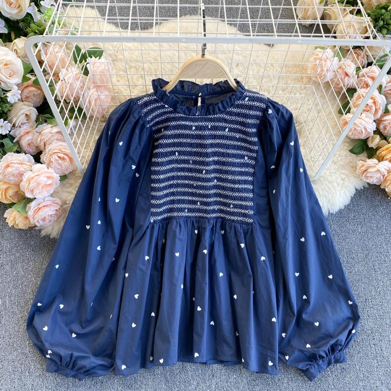 Boho-Chic Polka Dot Peplum Top with Ruffled Collar Korean Girl Puff Sleeve Top Women's Bottoming Shirt