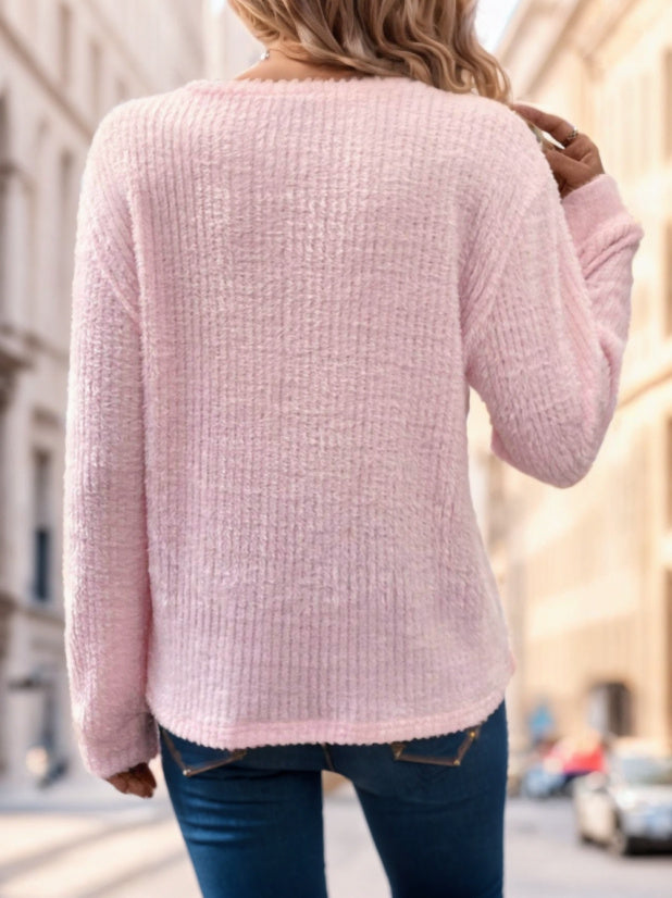 Plain Collar Rib Knit Casual Basic T-Shirt Blouse Women