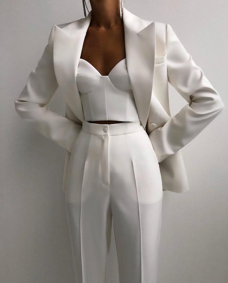 Versatile Power Suit for Women (Blazer, Top, Pants) Pieces Fashion Women Suits Peaked Lapel Double Breasted Jack