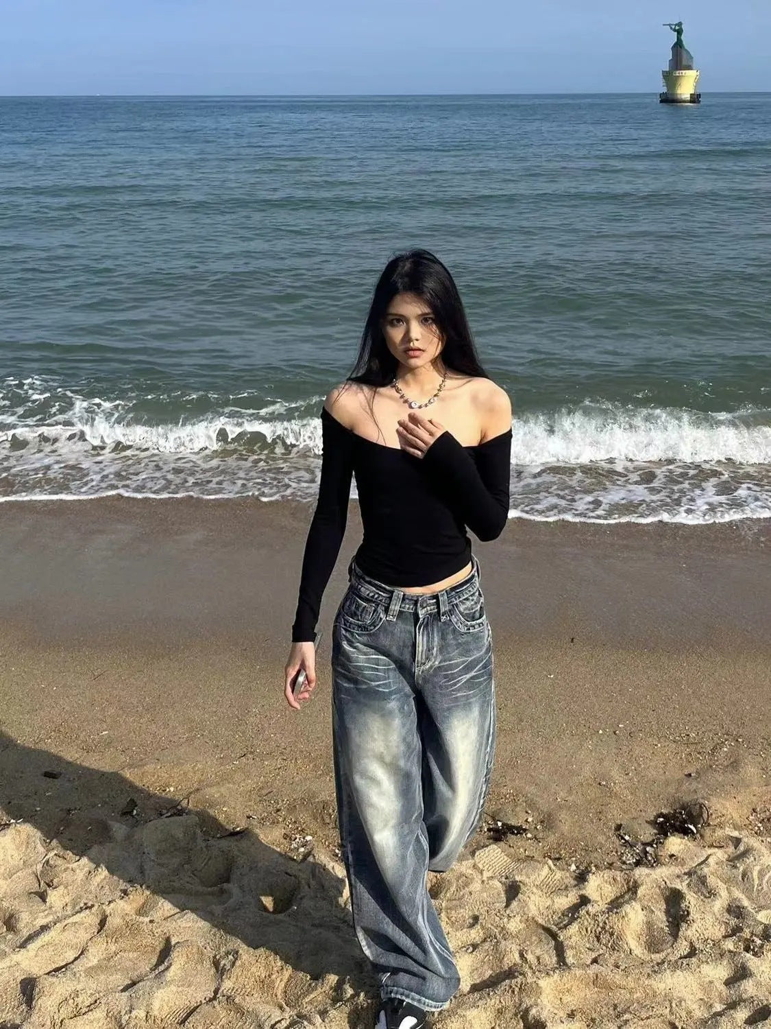 Faded Washed Wide-Leg Jeans – Vintage Y2K Streetwear Denim Distressed Straight Wide Leg Vintage Blue High Waist Jeans For Women