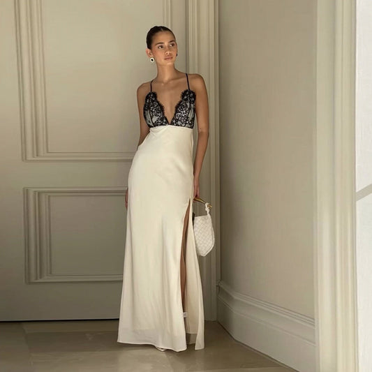 Spring Clothing Lace Sling Backless Lace Up Split Sexy Dress For Women's